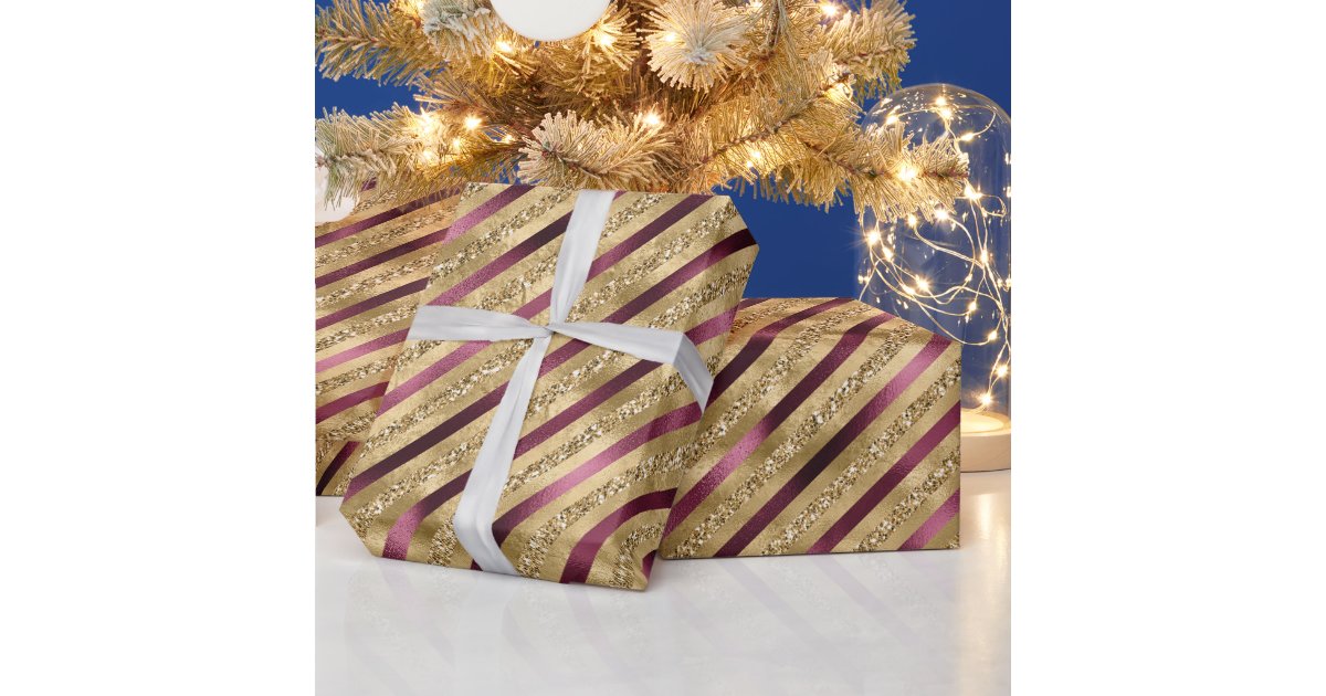 Burgundy Red Gold Glitter Stripes Wrapping Paper | Zazzle