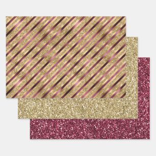 Burgundy Red Gold Glitter Stripes Wrapping Paper Sheets