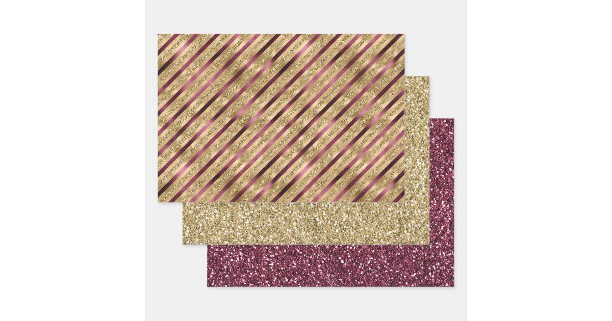 Burgundy Red Gold Glitter Stripes Wrapping Paper Sheets | Zazzle