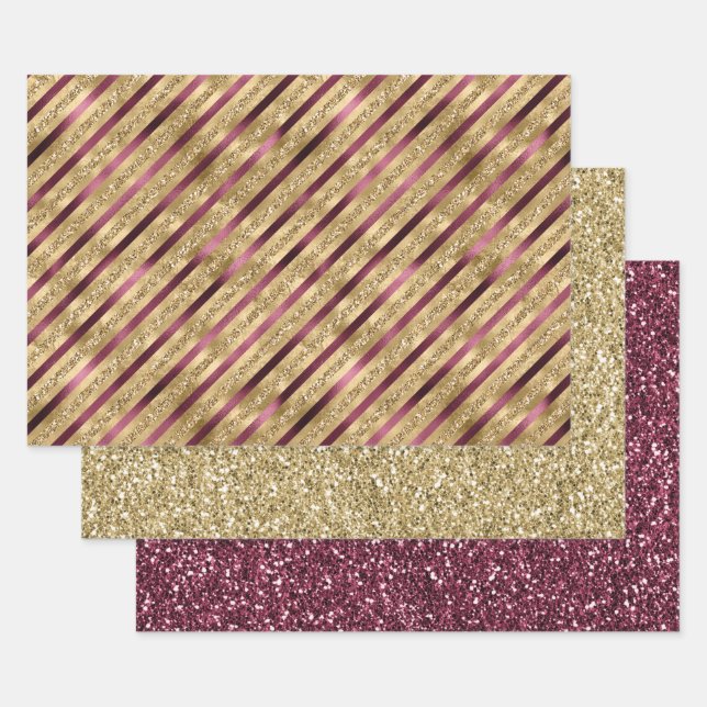 Burgundy Red Gold Glitter Stripes       Wrapping Paper Sheets (Set)