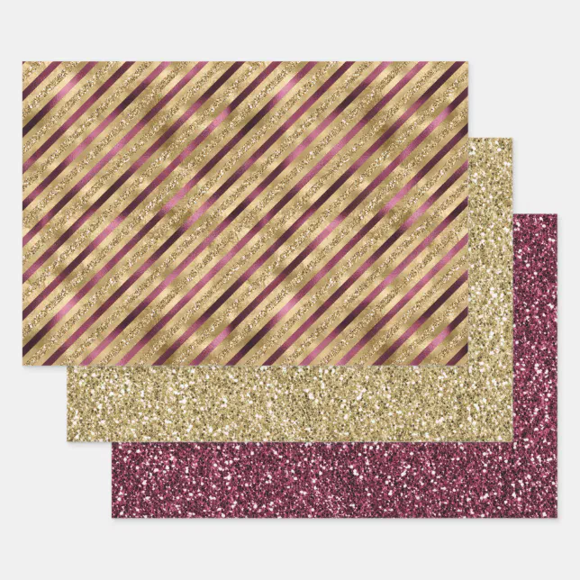 Burgundy Red Gold Glitter Stripes Wrapping Paper Sheets | Zazzle