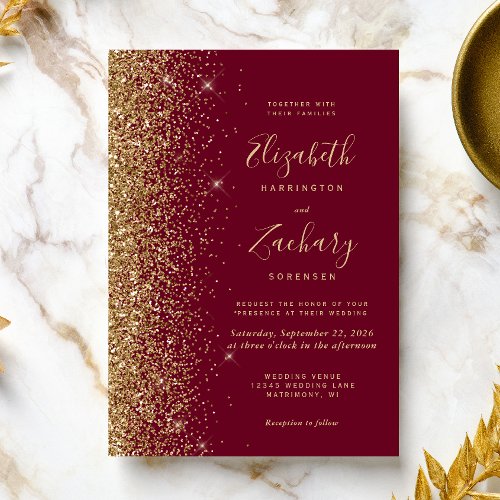 Burgundy Red Gold Glitter Wedding Invitation