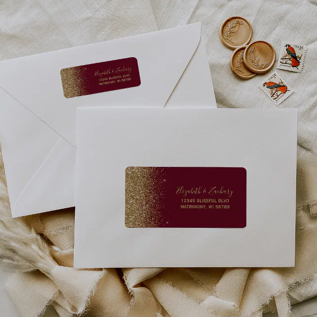 Burgundy Red Gold Glitter Wedding Return Address Label | Zazzle