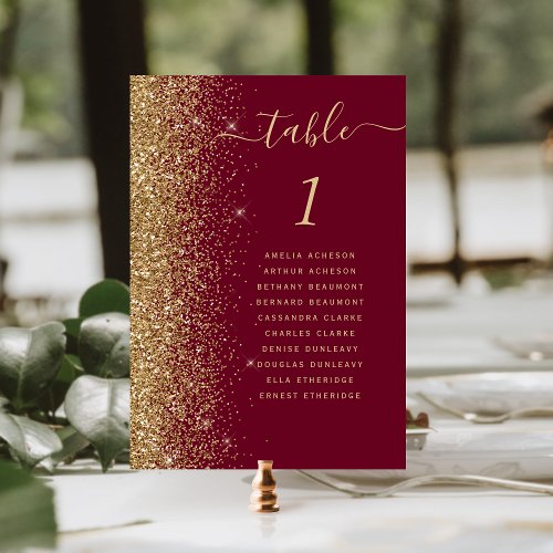 Burgundy Red Gold Glitter Wedding Table Number