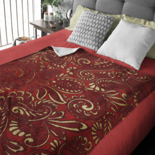 Burgundy Red Gold Indian Paisley Pattern Fleece Blanket