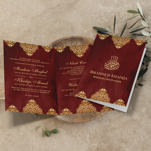 Burgundy Red Gold Islamic Motif Muslim Wedding Invitation