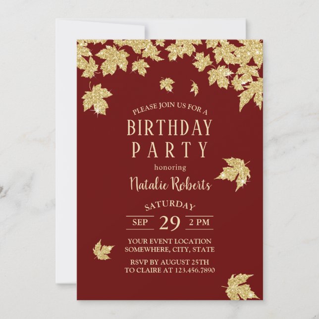 Burgundy Red & Gold Leaves Modern Birthday Party Invitation (Front)