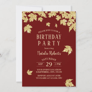 Burgundy Red & Gold Leaves Modern Birthday Party Invitation