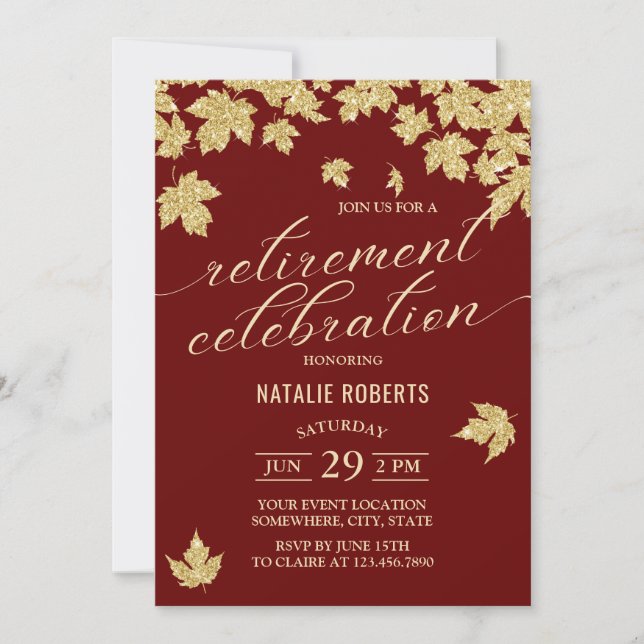 Burgundy Red & Gold Leaves Modern Retirement Party Invitation (Front)