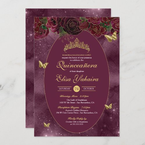 Burgundy Red Gold Luxury Butterfly Quinceanera Invitation