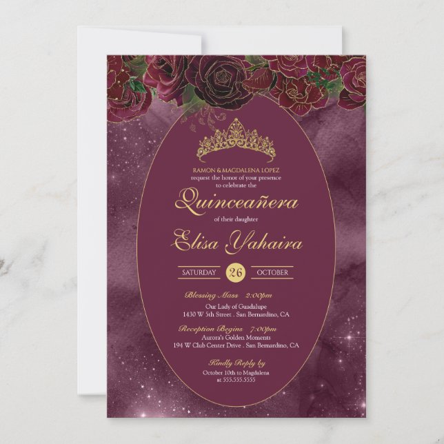 Burgundy Red Gold Luxury Elegant Quinceanera Invitation (Front)