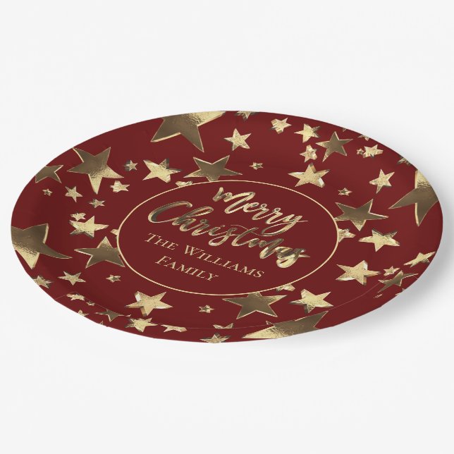 Burgundy Red Gold Merry Christmas Stars Elegant Paper Plates (Angled)