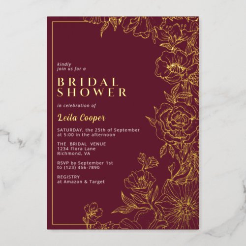 Burgundy Red  Gold  Ornate Maroon Bridal Shower Foil Invitation