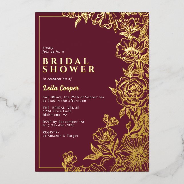 Burgundy Red + Gold | Ornate Maroon Bridal Shower Foil Invitation (Front)