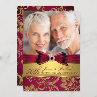 Burgundy Red Gold Photo 50th Wedding Anniversary Invitation