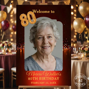 Burgundy Red Gold Photo 80th Birthday Welcome Foam Board