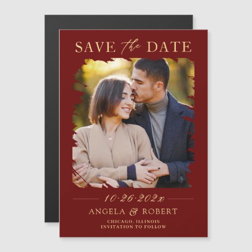 Burgundy Red Gold Photo Save the Date Magnet - Burgundy Red and Gold Modern Minimalist Brush Stroke Photo Save the Date Magnetic Card