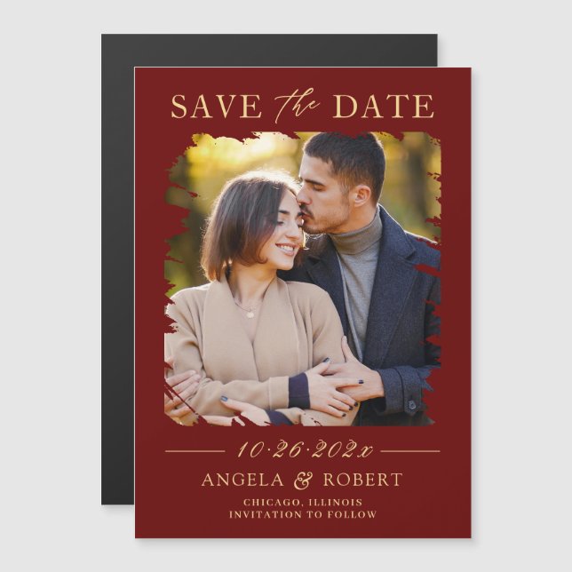 Burgundy Red Gold Photo Save the Date Magnet (Front/Back)