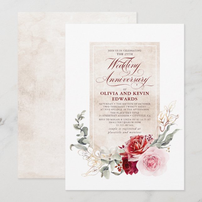 Burgundy Red Gold Pink Floral Wedding Anniversary Invitation (Front/Back)