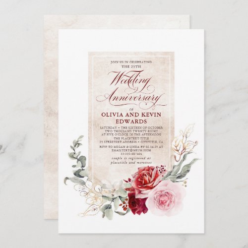 Burgundy Red Gold Pink Floral Wedding Anniversary Invitation