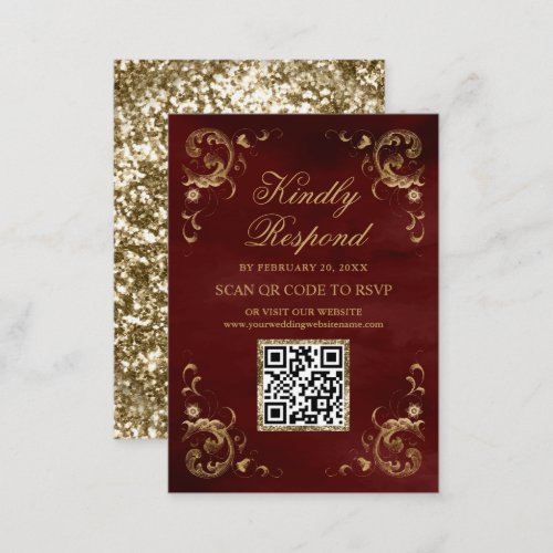 Burgundy Red Gold QR Code RSVP Wedding Website Enclosure Card