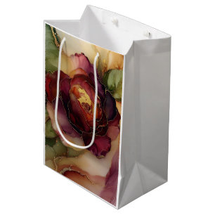 Burgundy Red Gold Rose Floral Bridal Shower Medium Gift Bag