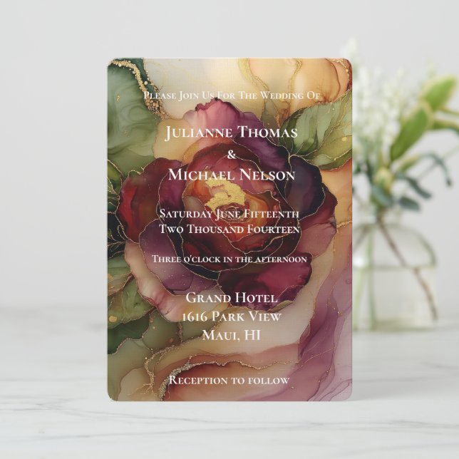 Burgundy Red Gold Rose Floral Wedding II Invitation (Standing Front)