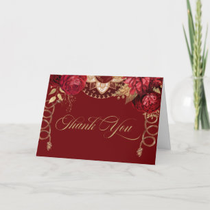 Burgundy Red & Gold Roses Elegant Charro Western Letterpress Thank You Card