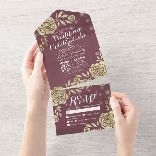 Burgundy Red Gold Roses String Lights Wedding RSVP All In One Invitation