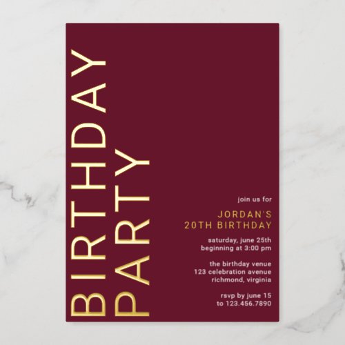 Burgundy Red  Gold  Sleek Modern Maroon Birthday Foil Invitation