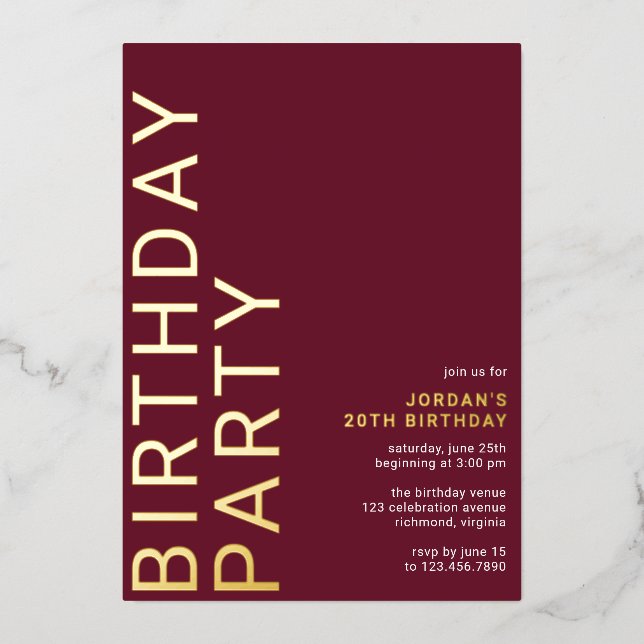 Burgundy Red & Gold | Sleek Modern Maroon Birthday Foil Invitation (Front)