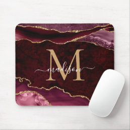 Burgundy Red Gold Sparkle Agate Geode Monogram Mouse Pad