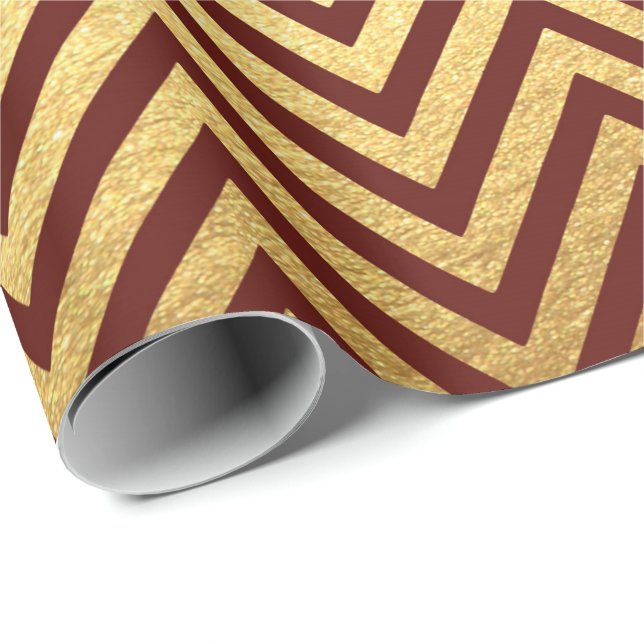 Burgundy Red Gold Stripes  Lines Zig Zag Chevron Wrapping Paper (Roll Corner)