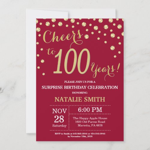 Burgundy Red Gold Surprise 100th Birthday Diamond Invitation