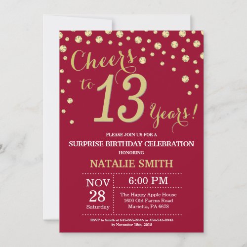 Burgundy Red Gold Surprise 13th Birthday Diamond Invitation