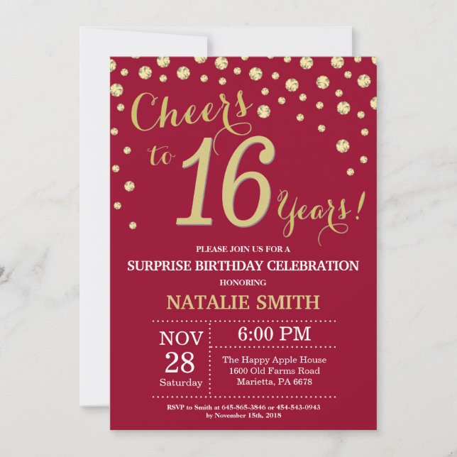 Burgundy Red Gold Surprise 16th Birthday Diamond Invitation (Front)