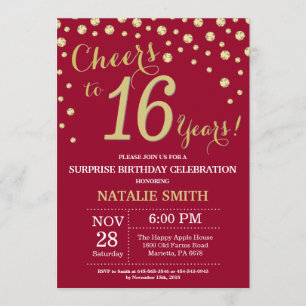 Burgundy Red Gold Surprise 16th Birthday Diamond Invitation