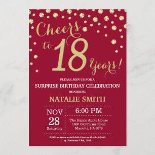 Burgundy Red Gold Surprise 18th Birthday Diamond Invitation