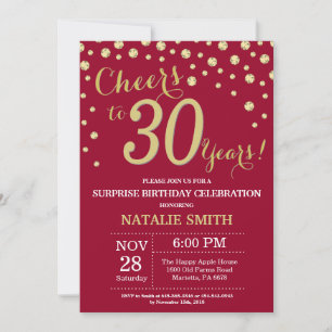 Burgundy Red Gold Surprise 30th Birthday Diamond Invitation