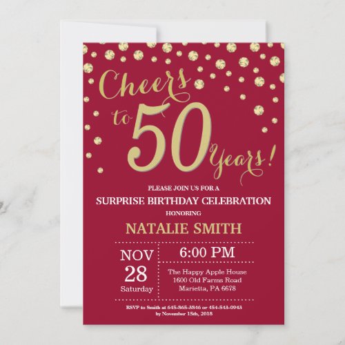 Burgundy Red Gold Surprise 50th Birthday Diamond Invitation