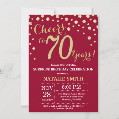 Burgundy Red Gold Surprise 70th Birthday Diamond Invitation