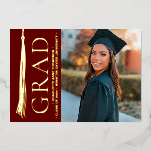 Burgundy Red Gold Tassel Grad Party Custom Photo Foil Holiday Card