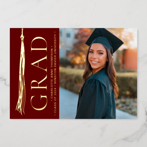 Burgundy Red Gold Tassel Grad Party Custom Photo  Foil Holiday Card