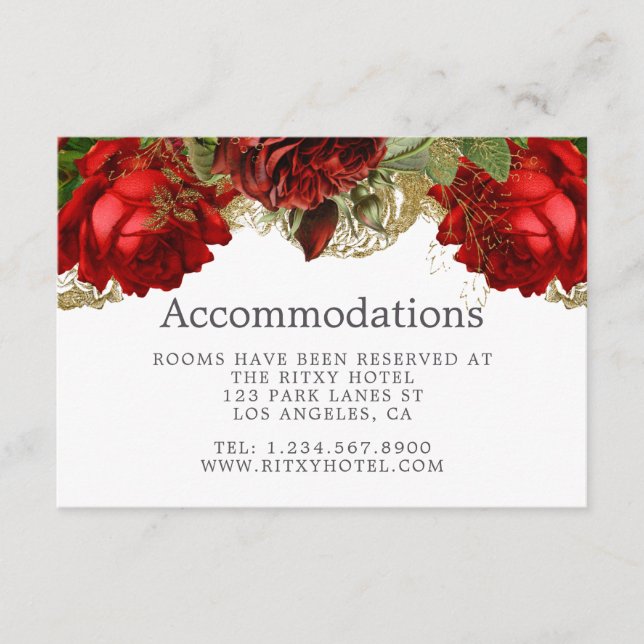 Burgundy Red & Gold Vintage Wedding Accommodations Enclosure Card (Front)