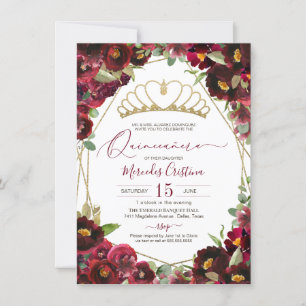 Burgundy Red Gold Watercolor Floral Quinceañera In Invitation