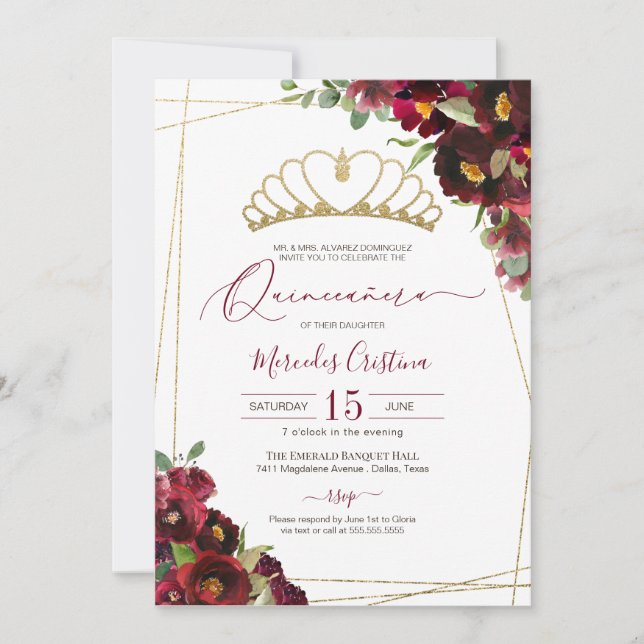 Burgundy Red Gold Watercolor Floral Quinceañera Invitation (Front)