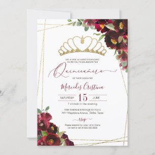 Burgundy Red Gold Watercolor Floral Quinceañera Invitation