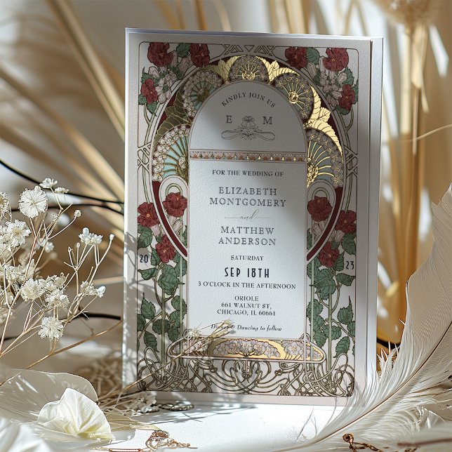 Burgundy Red Gold Wedding Art Nouveau Vintage Foil Invitation (Creator Uploaded)