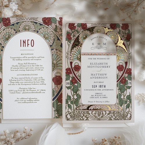 Burgundy Red Gold Wedding Art Nouveau Vintage Foil Invitation Burgundy Red Gold Wedding Art Nouveau Vintage Foil Invitation