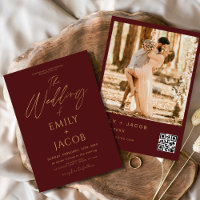 Burgundy Red Gold Wedding QR Code Photo